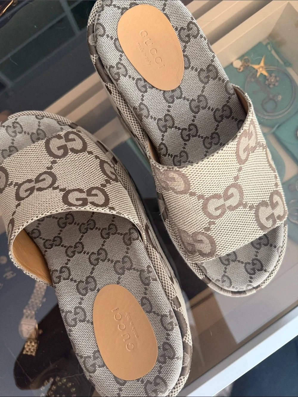 Gucci Beige GG Logo Platform Slides